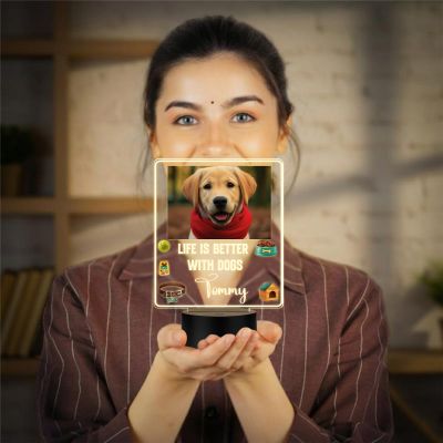 Personalized Dog Photo LED Night Lamp with Custom with Photo & Name, Life is Better with Dogs Quote, Warm White Acrylic Light with Black Base Gift for Dog Lovers